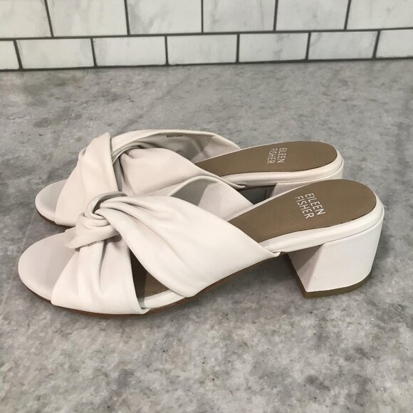 Eileen Fisher Sandals Womens Size 6 White Knot Slide Block Heel Mule Open Toe - Picture 1 of 7